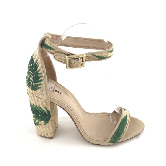 Schutz Pollyana Chunky Heel Green Leaf Design Sandals - Picture 7 of 14